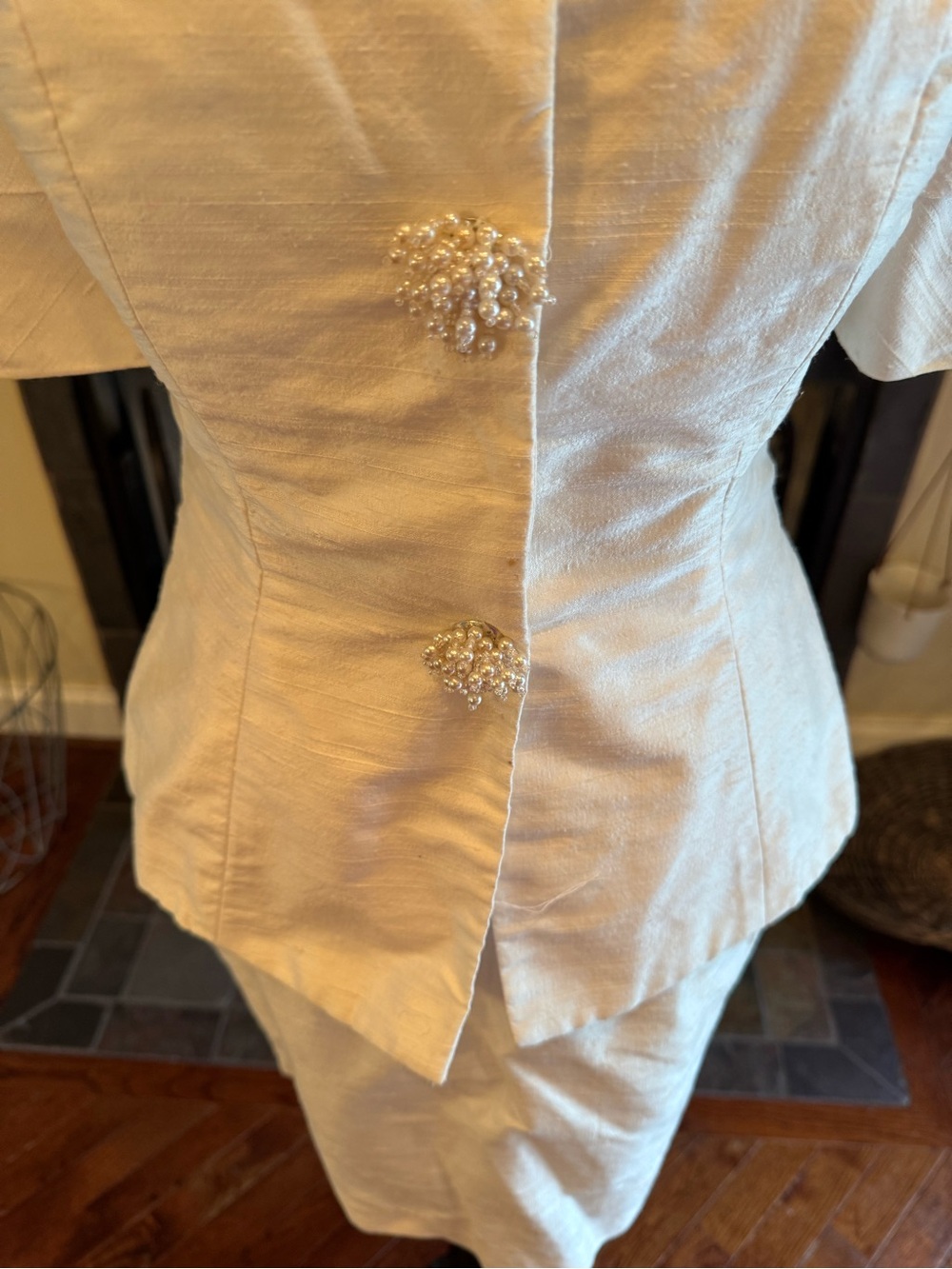 Vtg 90s Watters & Watters Silk Peplum Skirt Suit Cream Ivory Bridal Off Shoulder - Picture 6 of 15
